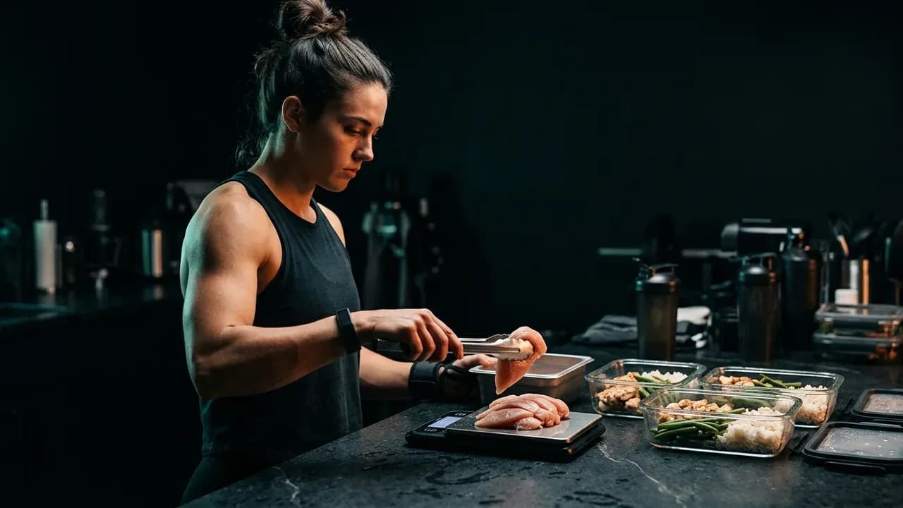 a prep athlete weighing raw chicken breast on a digital kitchen scale next to glass meal containers