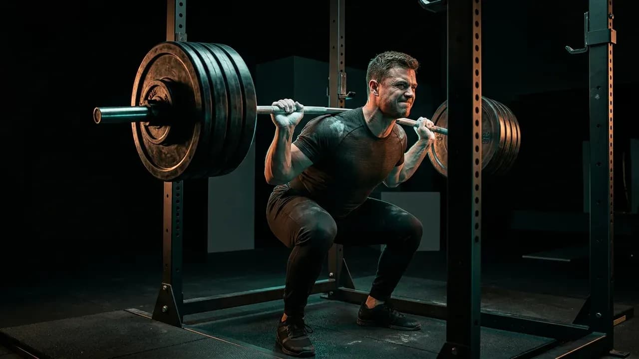 a powerlifter unracking a heavily loaded barbell inside a power rack