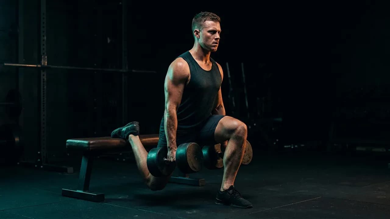 an athlete performing heavy dumbbell Bulgarian split squats on a weight bench