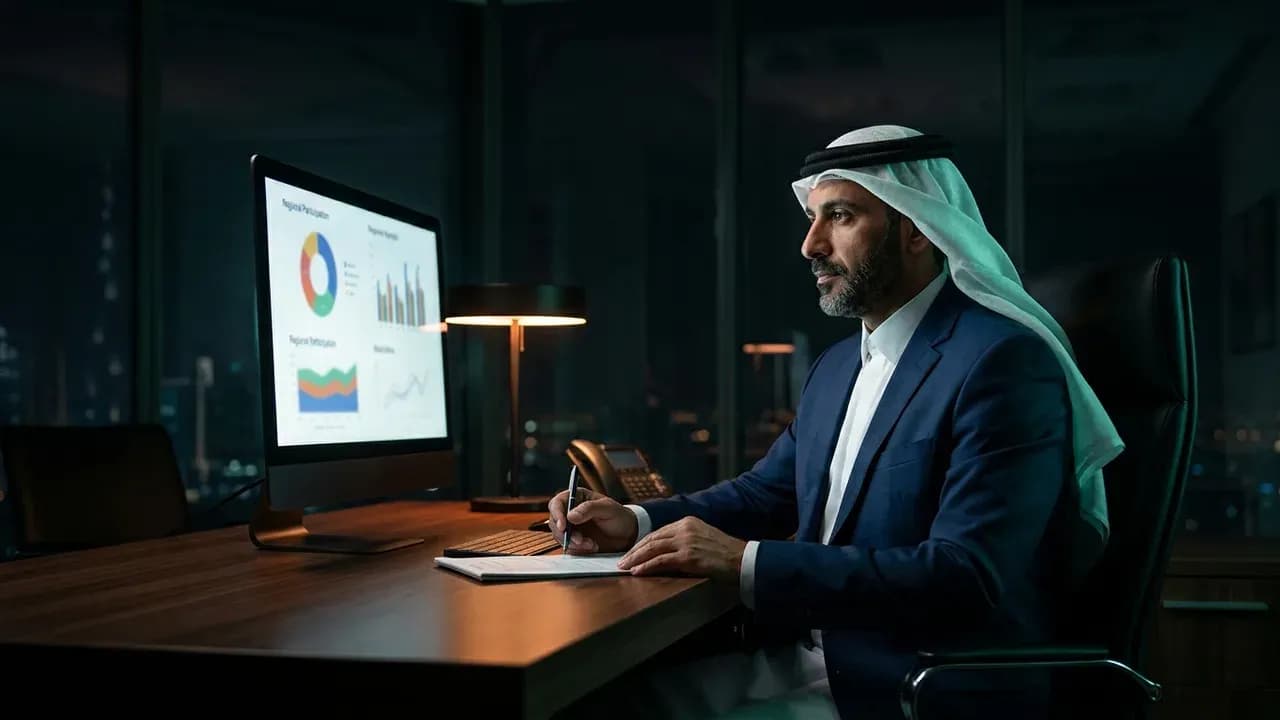 an HR director in a modern Dubai office sitting at a wooden desk reviewing data charts on a screen showing regional participation rates