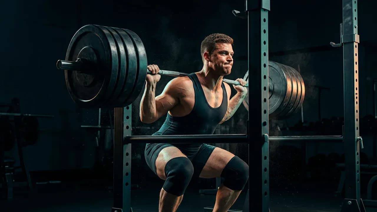 A barbell lifter explosively driving up out of the bottom of a heavy back squat in a power rack
