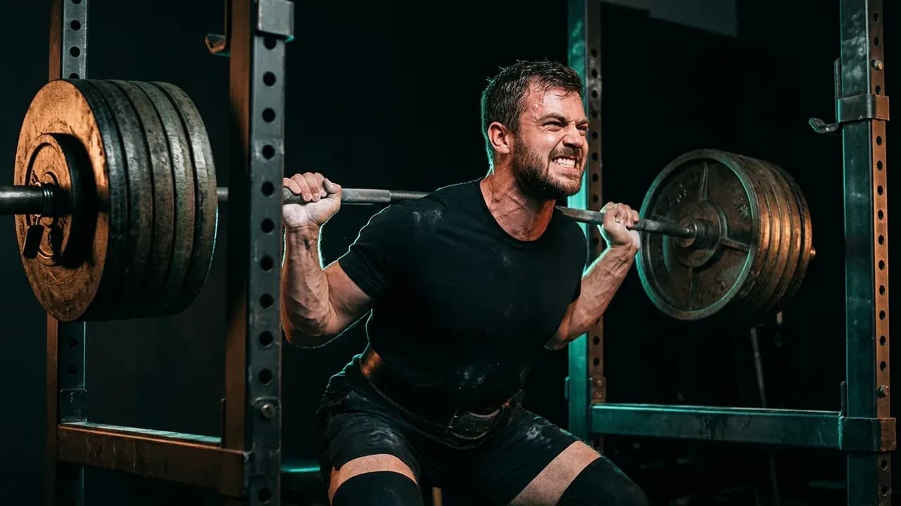 a male lifter grinding through the sticking point of a barbell back squat in a power rack with heavy iron plates