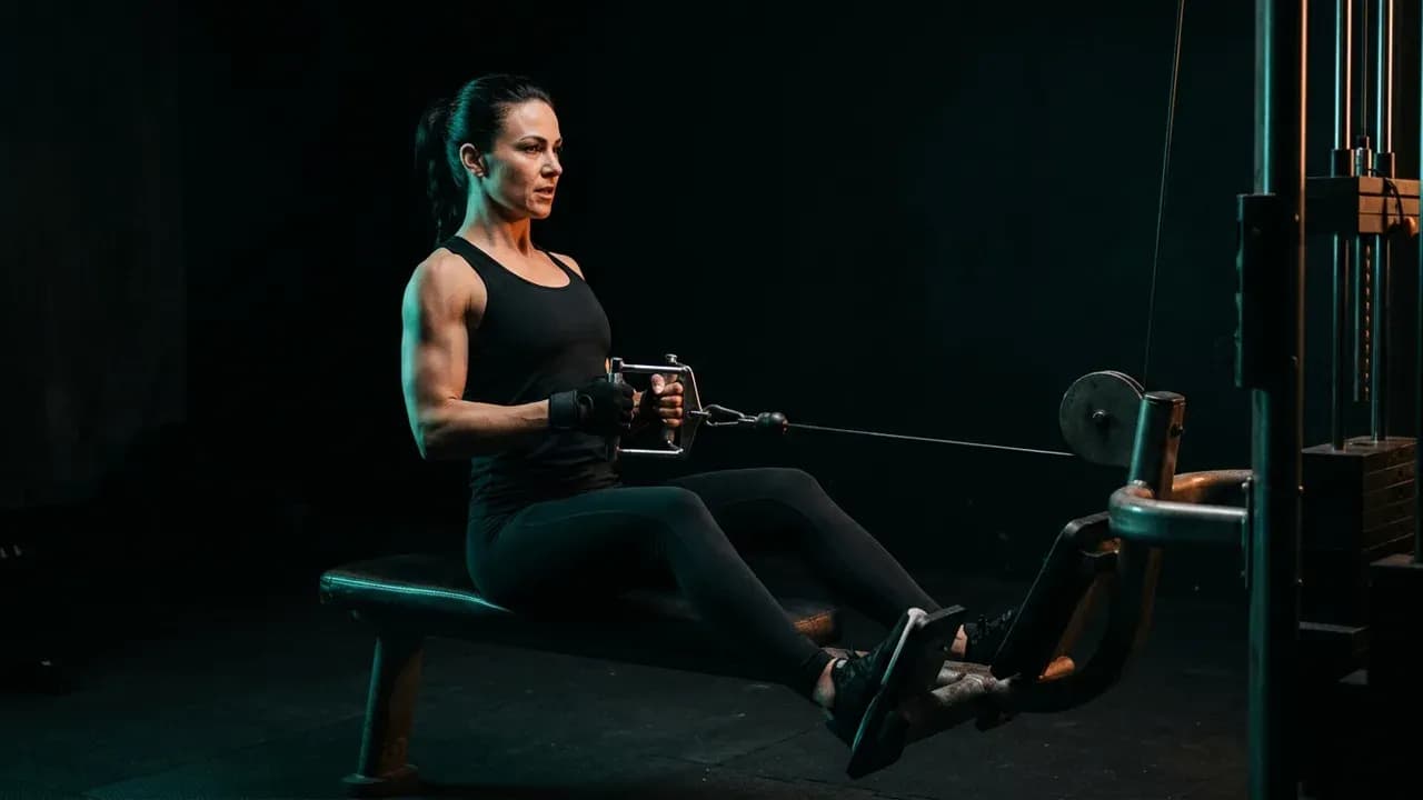 a female athlete performing heavy seated cable rows with strict form in a brightly lit strength facility