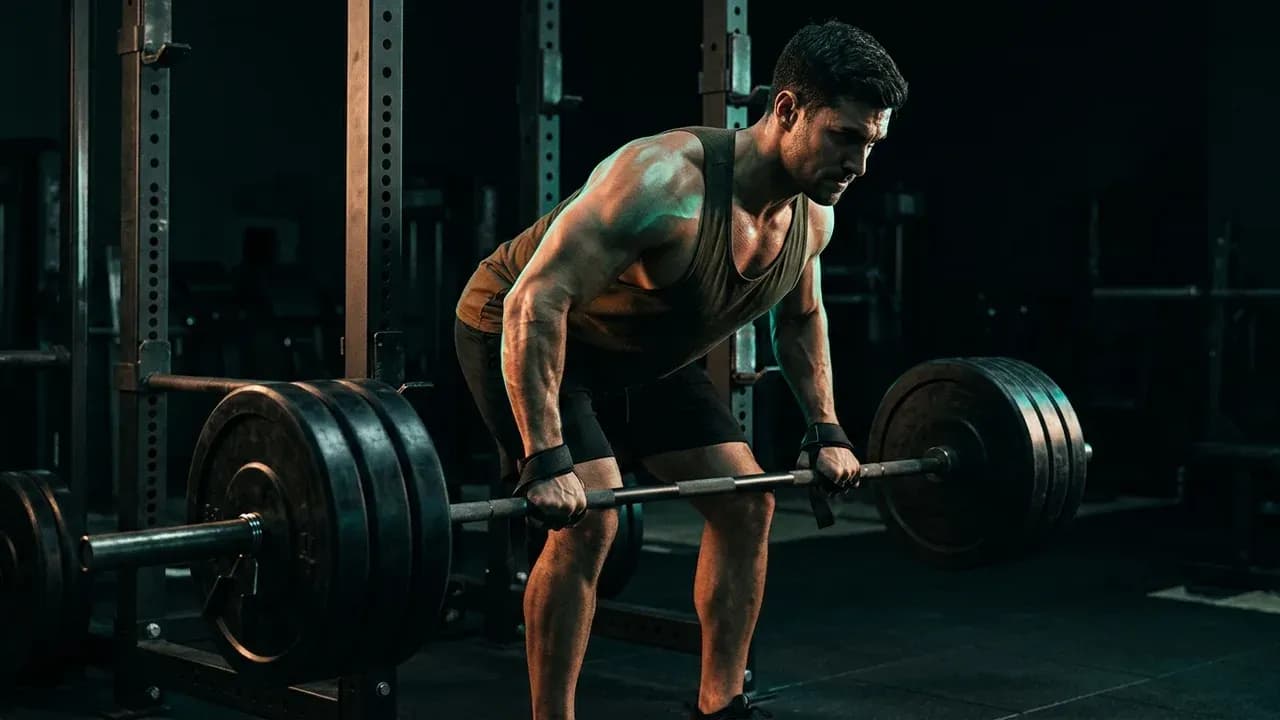 a muscular athlete setting up for a heavy barbell row in a power rack