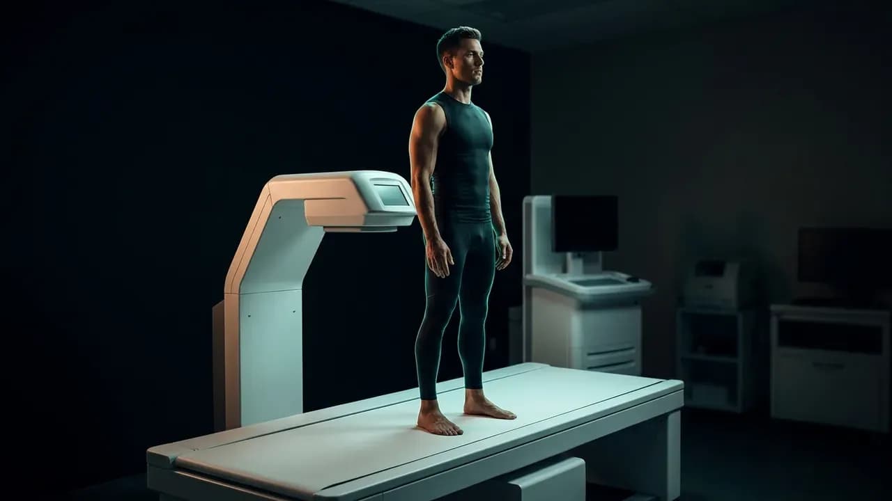 a fit male athlete standing motionless on a modern white DXA scanner table in a quiet clinical laboratory