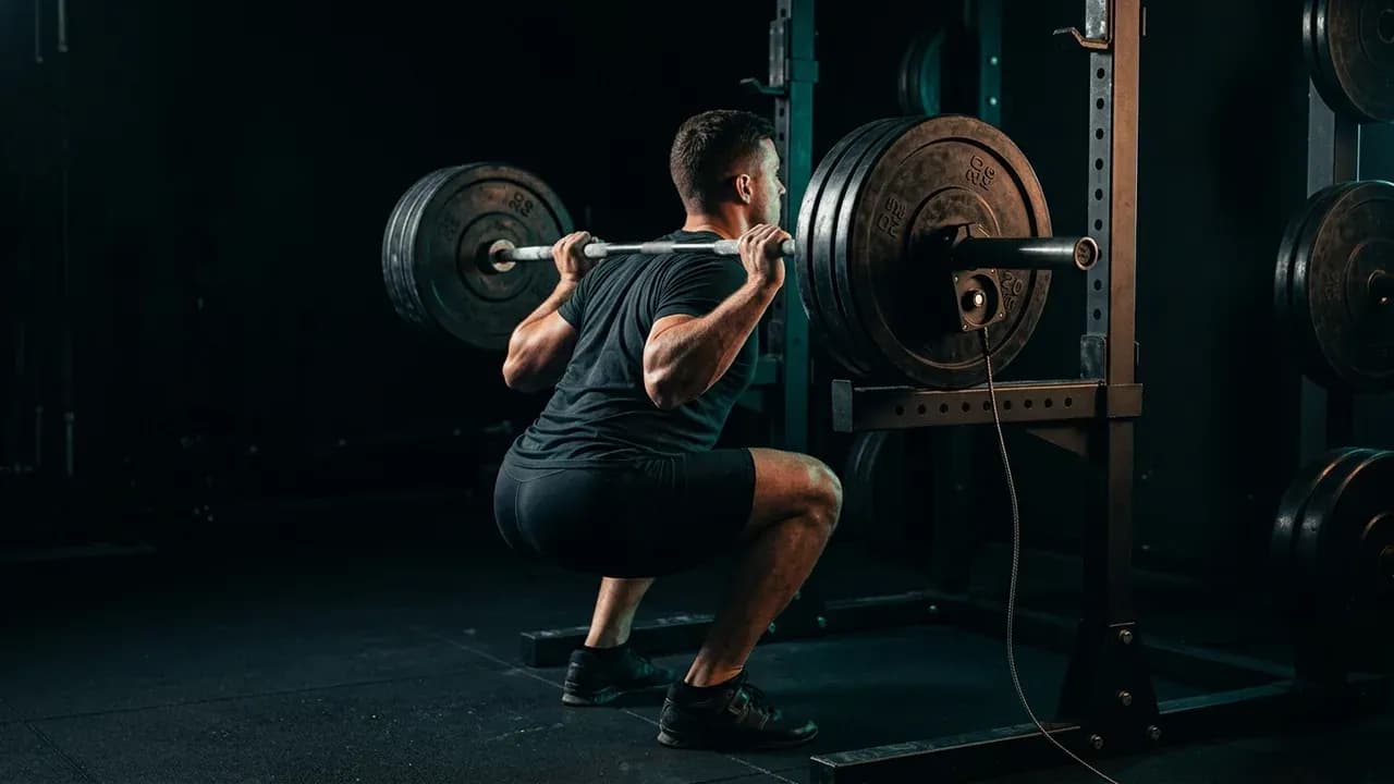 a barbell back squat execution filmed from the side with an optical linear transducer attached to the bar collar