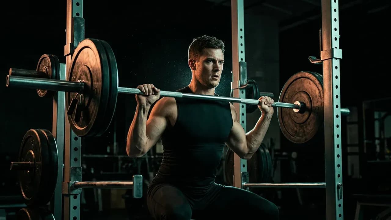 an athlete performing an explosive velocity bench press with a barbell in a rack
