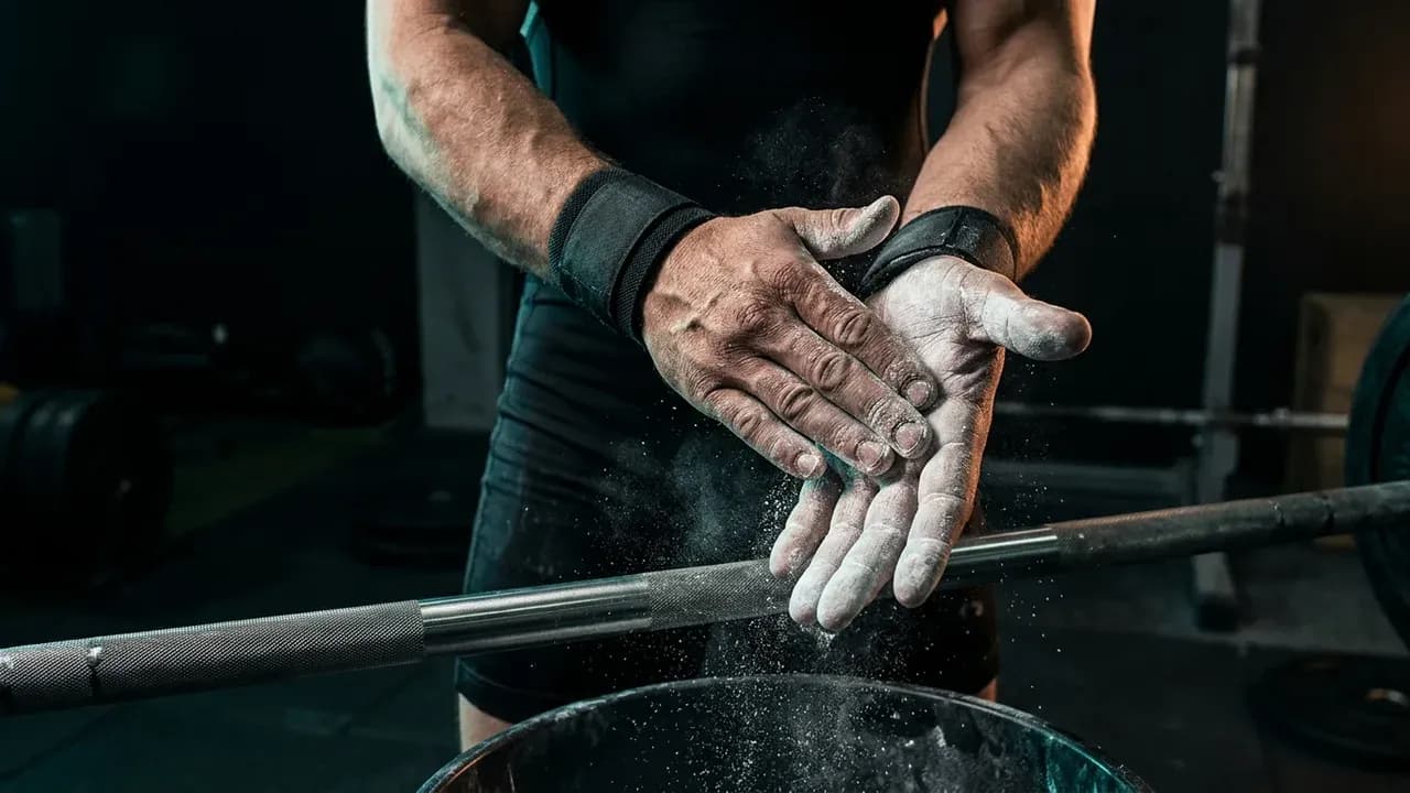 a close-up shot of hands applying gym chalk before a maximum effort barbell deadlift