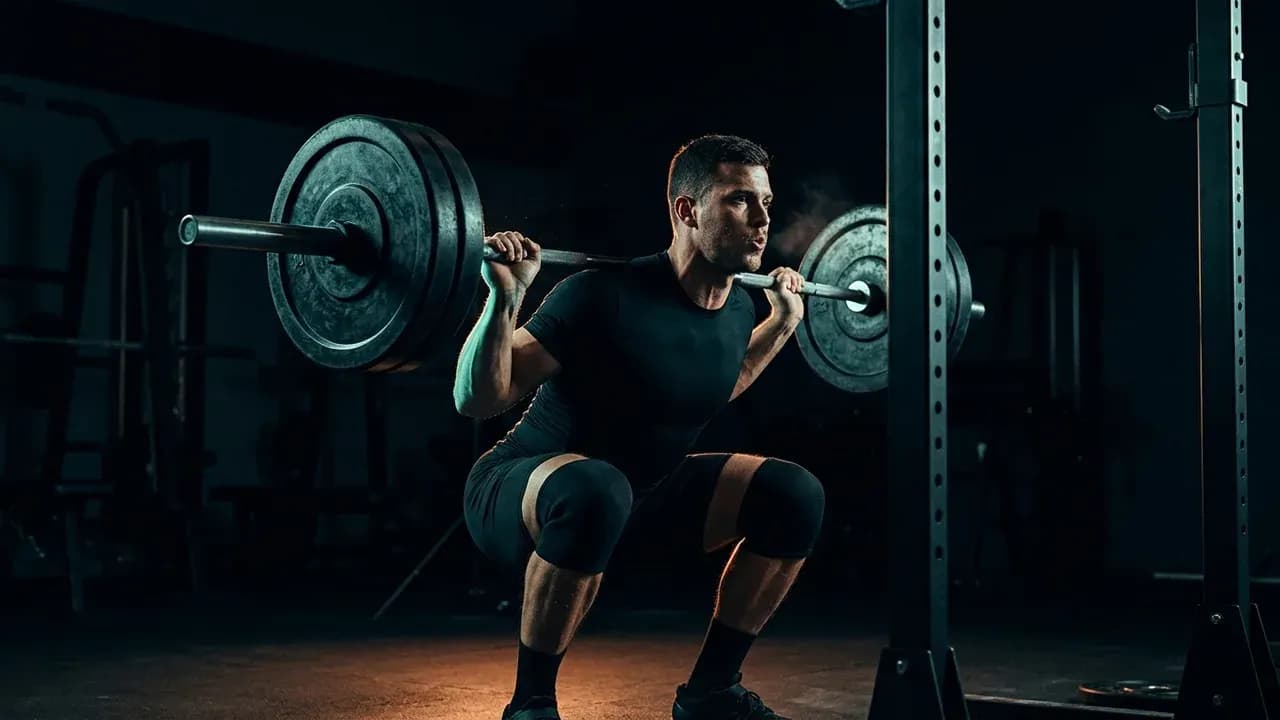 A male athlete performing heavy barbell back squats in a low-light strength training facility