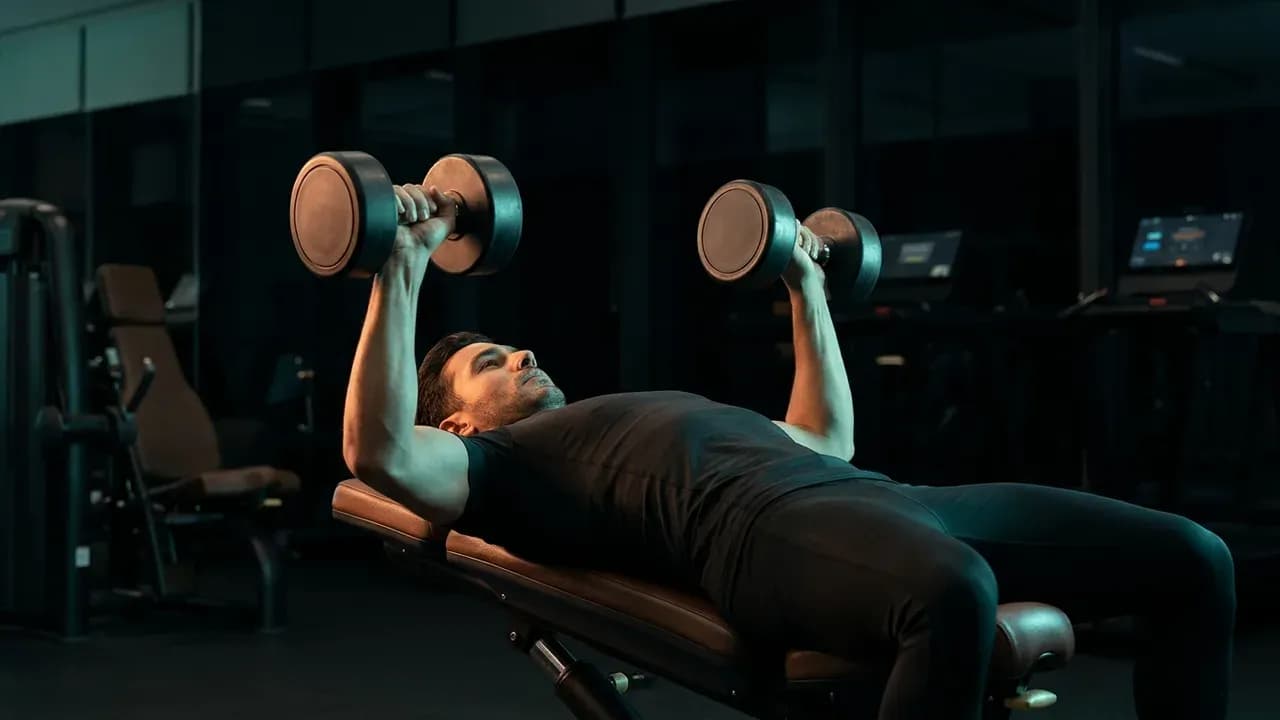 a person performing a dumbbell chest press on a flat bench inside a modern commercial gym with clean lighting